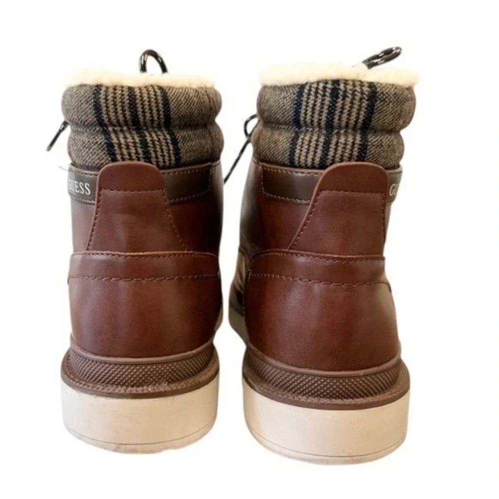 Guess Mens Brown Faux Leather Plaid‎ Collar Sherpa Lined Ankle Boots Lace Up